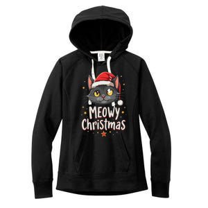 Meowy Christmas Cat In Santa Hat Graphic Women's Fleece Hoodie