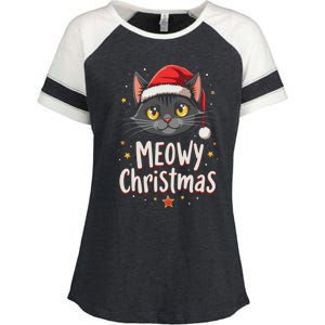 Meowy Christmas Cat In Santa Hat Graphic Enza Ladies Jersey Colorblock Tee