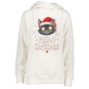 Meowy Christmas Cat In Santa Hat Graphic Womens Funnel Neck Pullover Hood