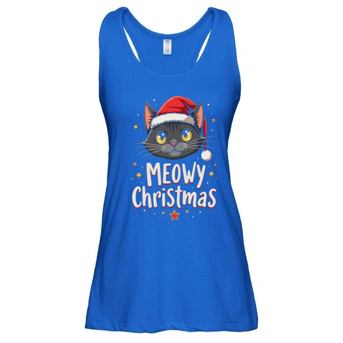 Meowy Christmas Cat In Santa Hat Graphic Ladies Essential Flowy Tank