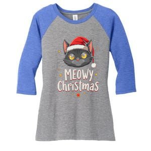 Meowy Christmas Cat In Santa Hat Graphic Women's Tri-Blend 3/4-Sleeve Raglan Shirt