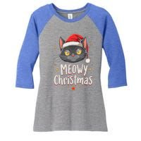 Meowy Christmas Cat In Santa Hat Graphic Women's Tri-Blend 3/4-Sleeve Raglan Shirt