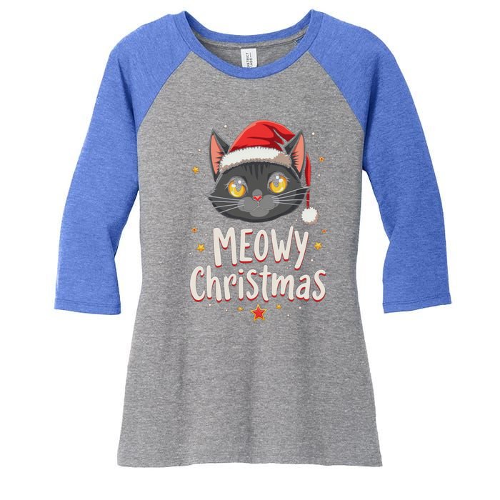 Meowy Christmas Cat In Santa Hat Graphic Women's Tri-Blend 3/4-Sleeve Raglan Shirt