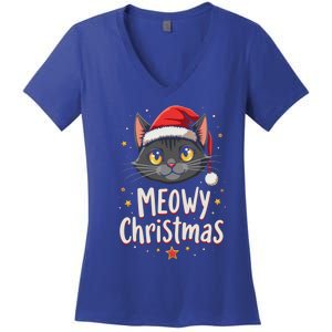 Meowy Christmas Cat In Santa Hat Graphic Women's V-Neck T-Shirt