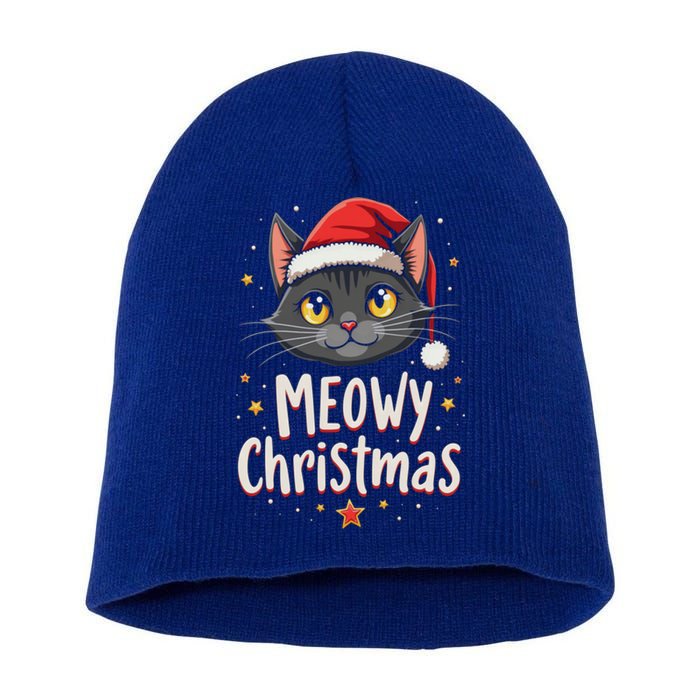 Meowy Christmas Cat In Santa Hat Graphic Short Acrylic Beanie