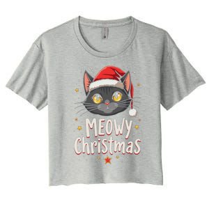 Meowy Christmas Cat In Santa Hat Graphic Women's Crop Top Tee