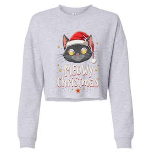 Meowy Christmas Cat In Santa Hat Graphic Cropped Pullover Crew