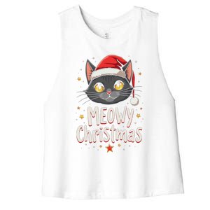 Meowy Christmas Cat In Santa Hat Graphic Women's Racerback Cropped Tank