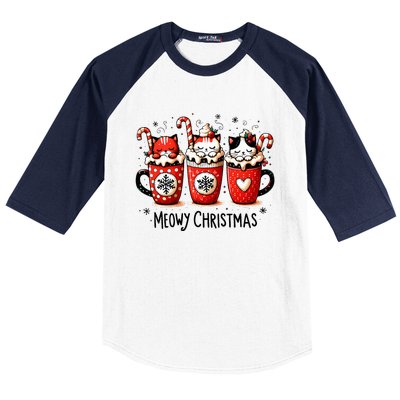 Meowy Christmas Cute Cats And Coffee Merry Xmas Graphic Baseball Sleeve Shirt