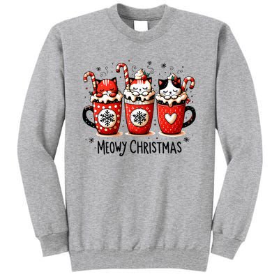 Meowy Christmas Cute Cats And Coffee Merry Xmas Graphic Tall Sweatshirt