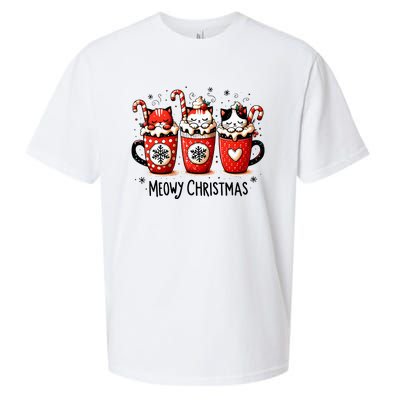 Meowy Christmas Cute Cats And Coffee Merry Xmas Graphic Sueded Cloud Jersey T-Shirt