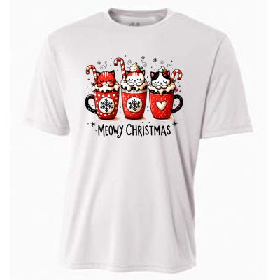 Meowy Christmas Cute Cats And Coffee Merry Xmas Graphic Cooling Performance Crew T-Shirt