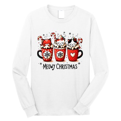 Meowy Christmas Cute Cats And Coffee Merry Xmas Graphic Long Sleeve Shirt