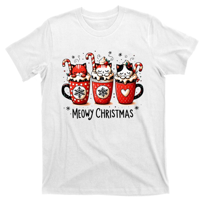 Meowy Christmas Cute Cats And Coffee Merry Xmas Graphic T-Shirt