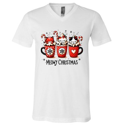 Meowy Christmas Cute Cats And Coffee Merry Xmas Graphic V-Neck T-Shirt