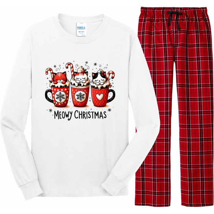 Meowy Christmas Cute Cats And Coffee Merry Xmas Graphic Long Sleeve Pajama Set