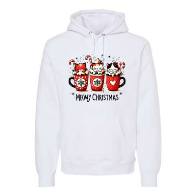 Meowy Christmas Cute Cats And Coffee Merry Xmas Graphic Premium Hoodie