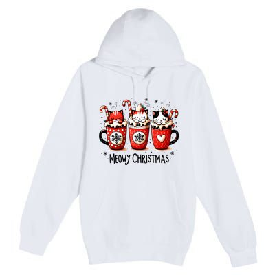 Meowy Christmas Cute Cats And Coffee Merry Xmas Graphic Premium Pullover Hoodie