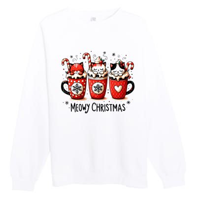 Meowy Christmas Cute Cats And Coffee Merry Xmas Graphic Premium Crewneck Sweatshirt