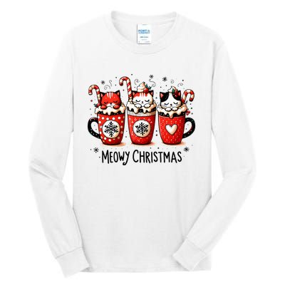 Meowy Christmas Cute Cats And Coffee Merry Xmas Graphic Tall Long Sleeve T-Shirt