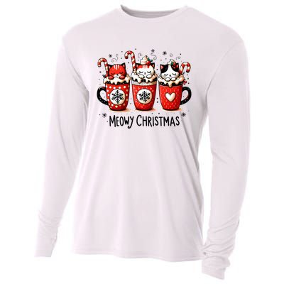 Meowy Christmas Cute Cats And Coffee Merry Xmas Graphic Cooling Performance Long Sleeve Crew