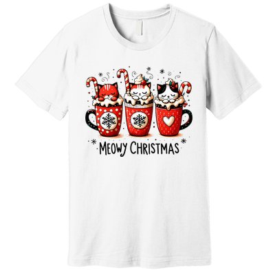 Meowy Christmas Cute Cats And Coffee Merry Xmas Graphic Premium T-Shirt