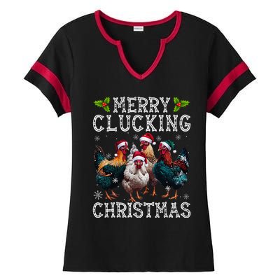 Merry Clucking Christmas Funny Chicken Lights Santa Hat Xmas Ladies Halftime Notch Neck Tee