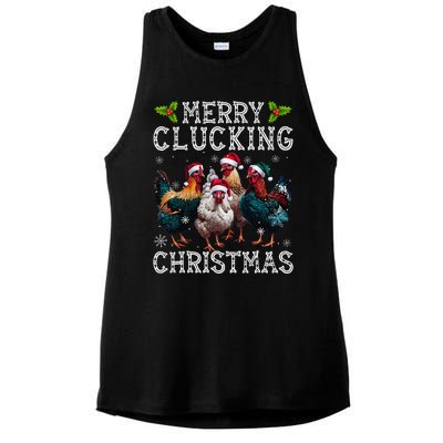 Merry Clucking Christmas Funny Chicken Lights Santa Hat Xmas Ladies PosiCharge Tri-Blend Wicking Tank