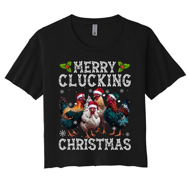 Merry Clucking Christmas Funny Chicken Lights Santa Hat Xmas Women's Crop Top Tee