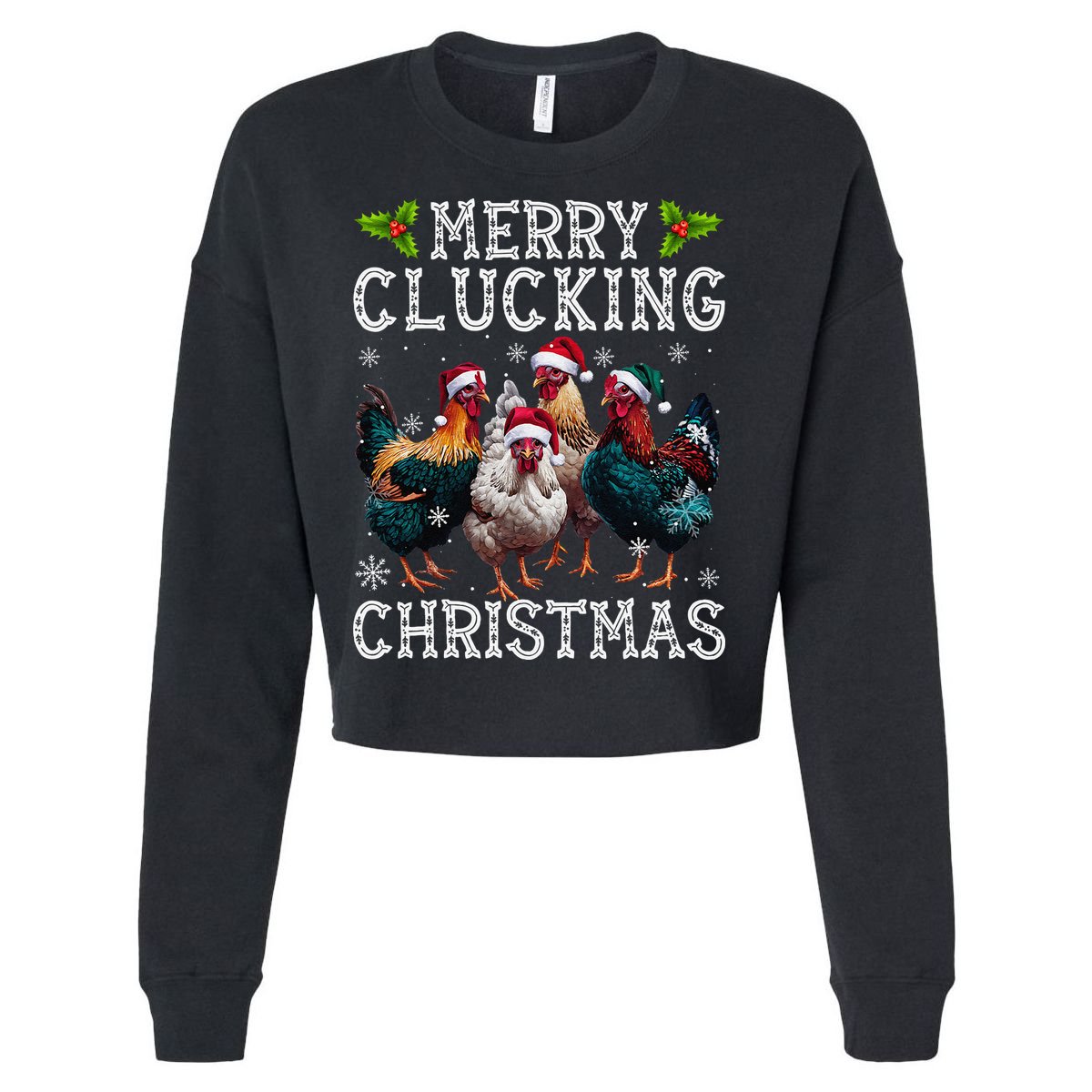 Merry Clucking Christmas Funny Chicken Lights Santa Hat Xmas Cropped Pullover Crew