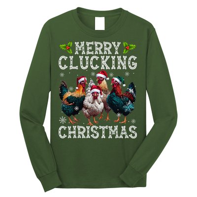 Merry Clucking Christmas Funny Chicken Lights Santa Hat Xmas Long Sleeve Shirt