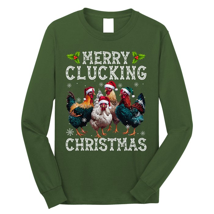 Merry Clucking Christmas Funny Chicken Lights Santa Hat Xmas Long Sleeve Shirt