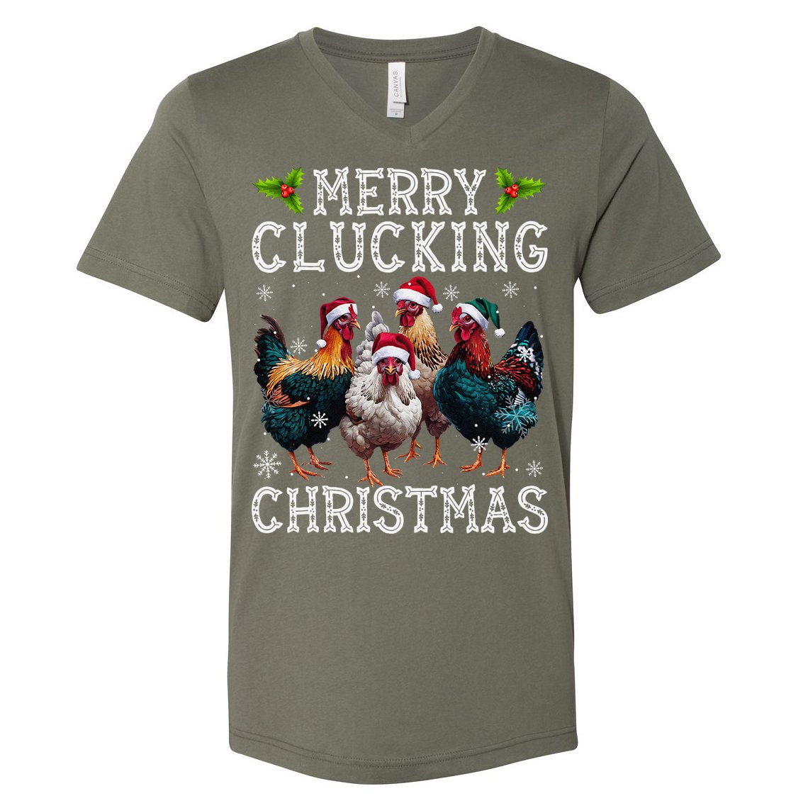 Merry Clucking Christmas Funny Chicken Lights Santa Hat Xmas V-Neck T-Shirt
