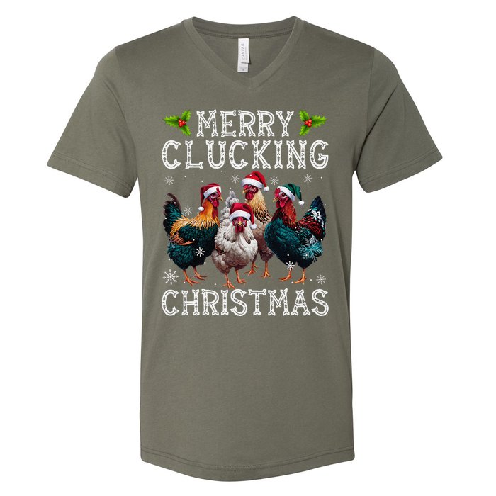 Merry Clucking Christmas Funny Chicken Lights Santa Hat Xmas V-Neck T-Shirt