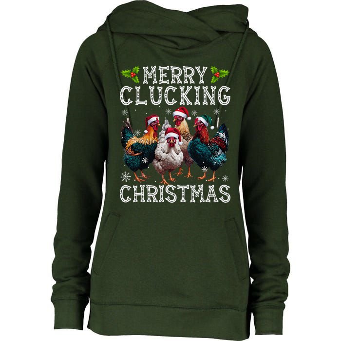 Merry Clucking Christmas Funny Chicken Lights Santa Hat Xmas Womens Funnel Neck Pullover Hood