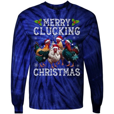 Merry Clucking Christmas Funny Chicken Lights Santa Hat Xmas Tie-Dye Long Sleeve Shirt