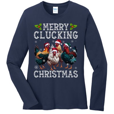 Merry Clucking Christmas Funny Chicken Lights Santa Hat Xmas Ladies Long Sleeve Shirt