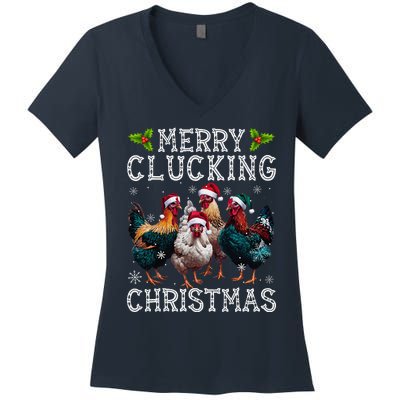 Merry Clucking Christmas Funny Chicken Lights Santa Hat Xmas Women's V-Neck T-Shirt