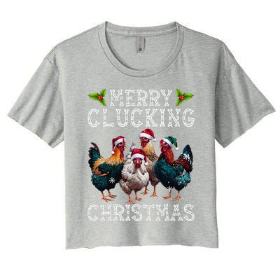 Merry Clucking Christmas Funny Chicken Lights Santa Hat Xmas Women's Crop Top Tee