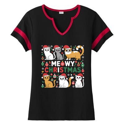 Meowy Christmas Cats Lover Holiday Xmas Funny Ladies Halftime Notch Neck Tee