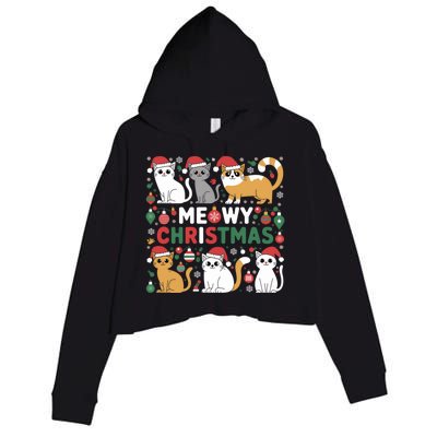 Meowy Christmas Cats Lover Holiday Xmas Funny Crop Fleece Hoodie