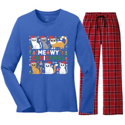 Meowy Christmas Cats Lover Holiday Xmas Funny Women's Long Sleeve Flannel Pajama Set 