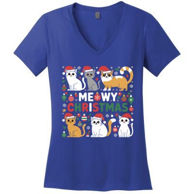 Meowy Christmas Cats Lover Holiday Xmas Funny Women's V-Neck T-Shirt