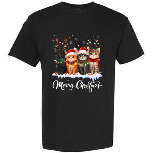 Merry Christmas Cat Christmas Light Reindeer Santa Christmas Garment-Dyed Heavyweight T-Shirt