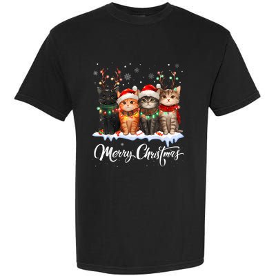 Merry Christmas Cat Christmas Light Reindeer Santa Christmas Garment-Dyed Heavyweight T-Shirt