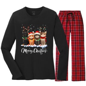 Merry Christmas Cat Christmas Light Reindeer Santa Christmas Women's Long Sleeve Flannel Pajama Set 