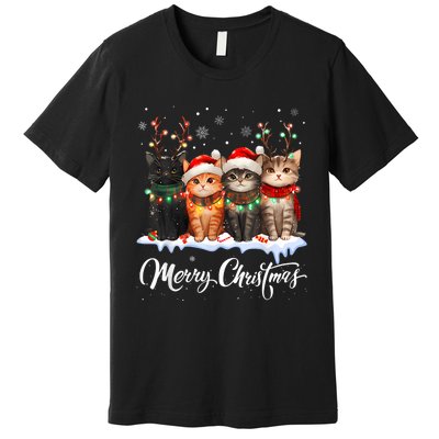 Merry Christmas Cat Christmas Light Reindeer Santa Christmas Premium T-Shirt