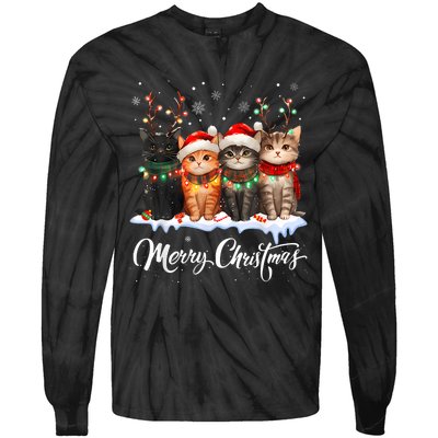 Merry Christmas Cat Christmas Light Reindeer Santa Christmas Tie-Dye Long Sleeve Shirt