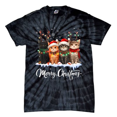 Merry Christmas Cat Christmas Light Reindeer Santa Christmas Tie-Dye T-Shirt