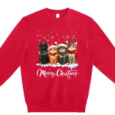 Merry Christmas Cat Christmas Light Reindeer Santa Christmas Premium Crewneck Sweatshirt